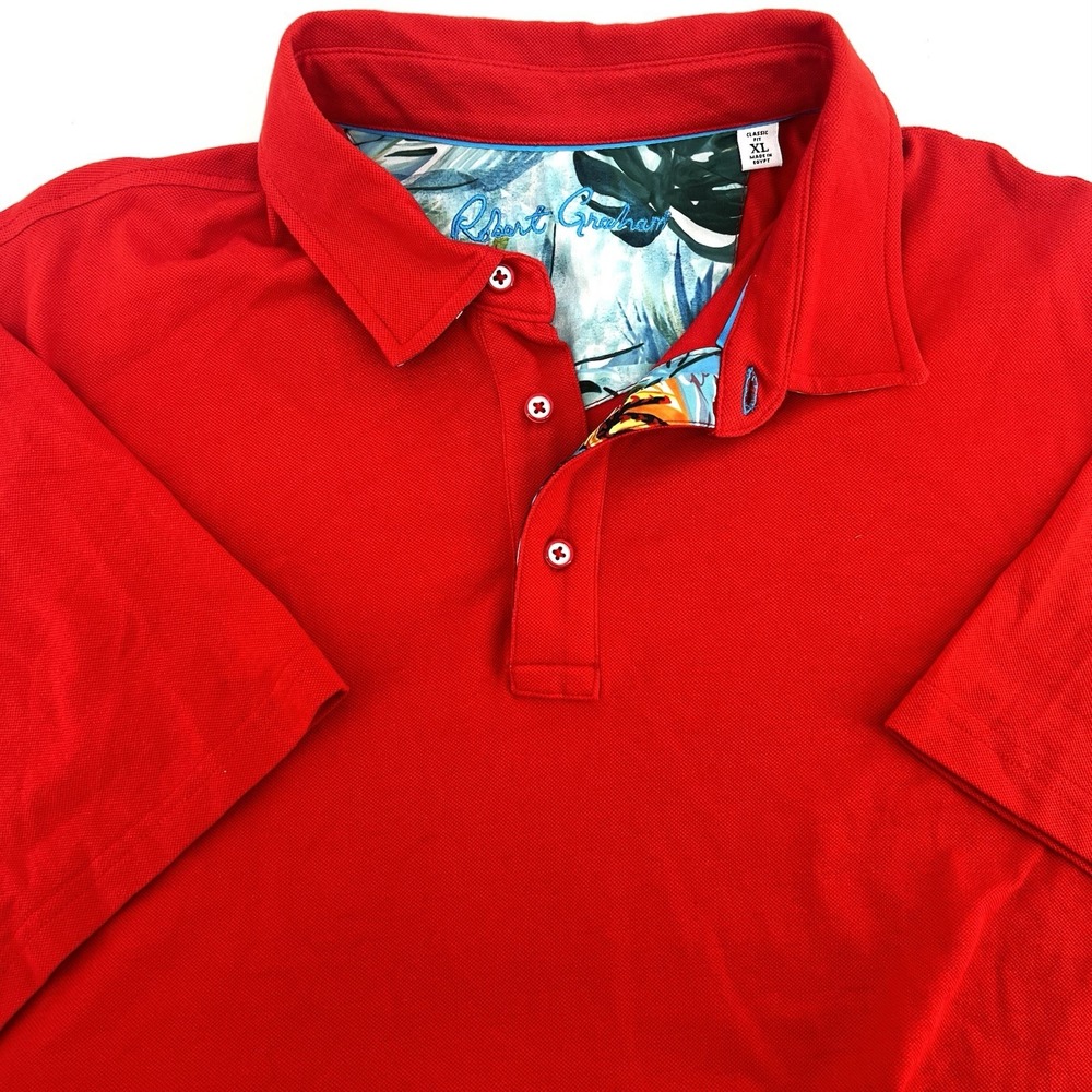 Robert Graham Polo Shirt XL Red Flip Cuff Floral Trim Luxury‎ Cotton Stretch